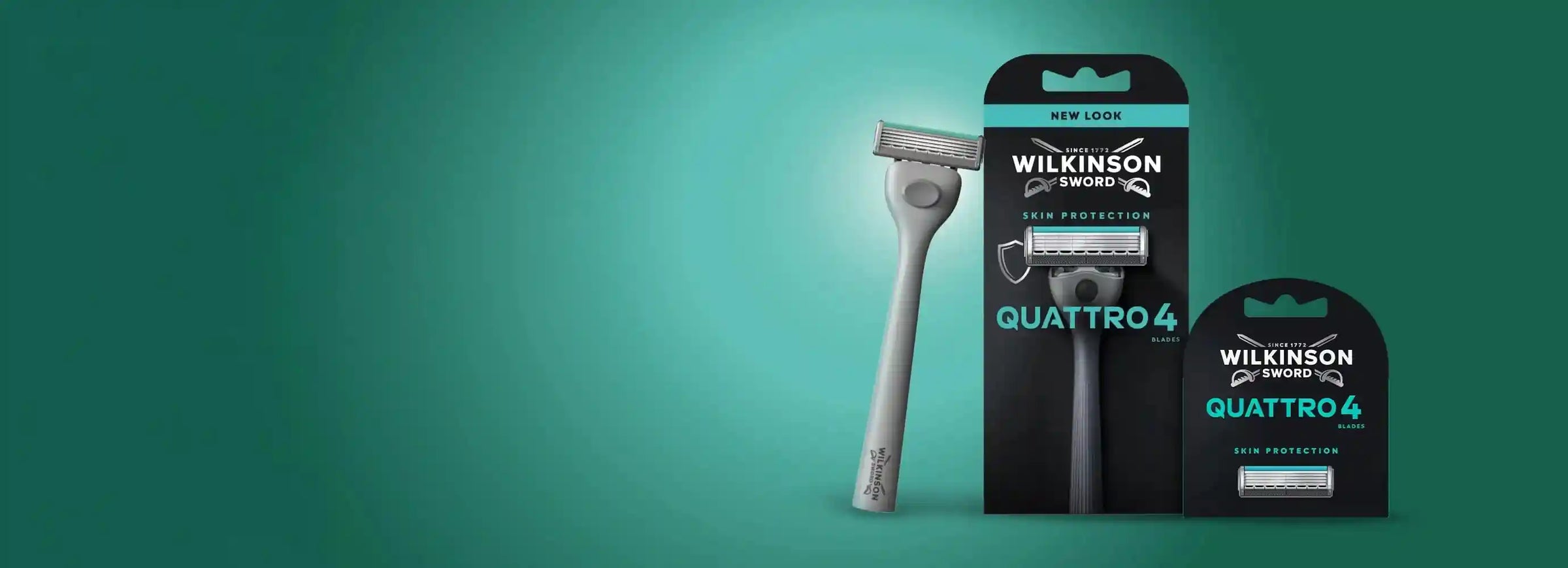 Wilkinson sword quatro 4 razor and razor heads in packaging on a green gradient background