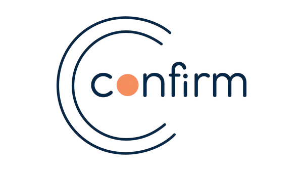 Logo of the 'confirm' brand with a stylized circle and orange dot on a white background