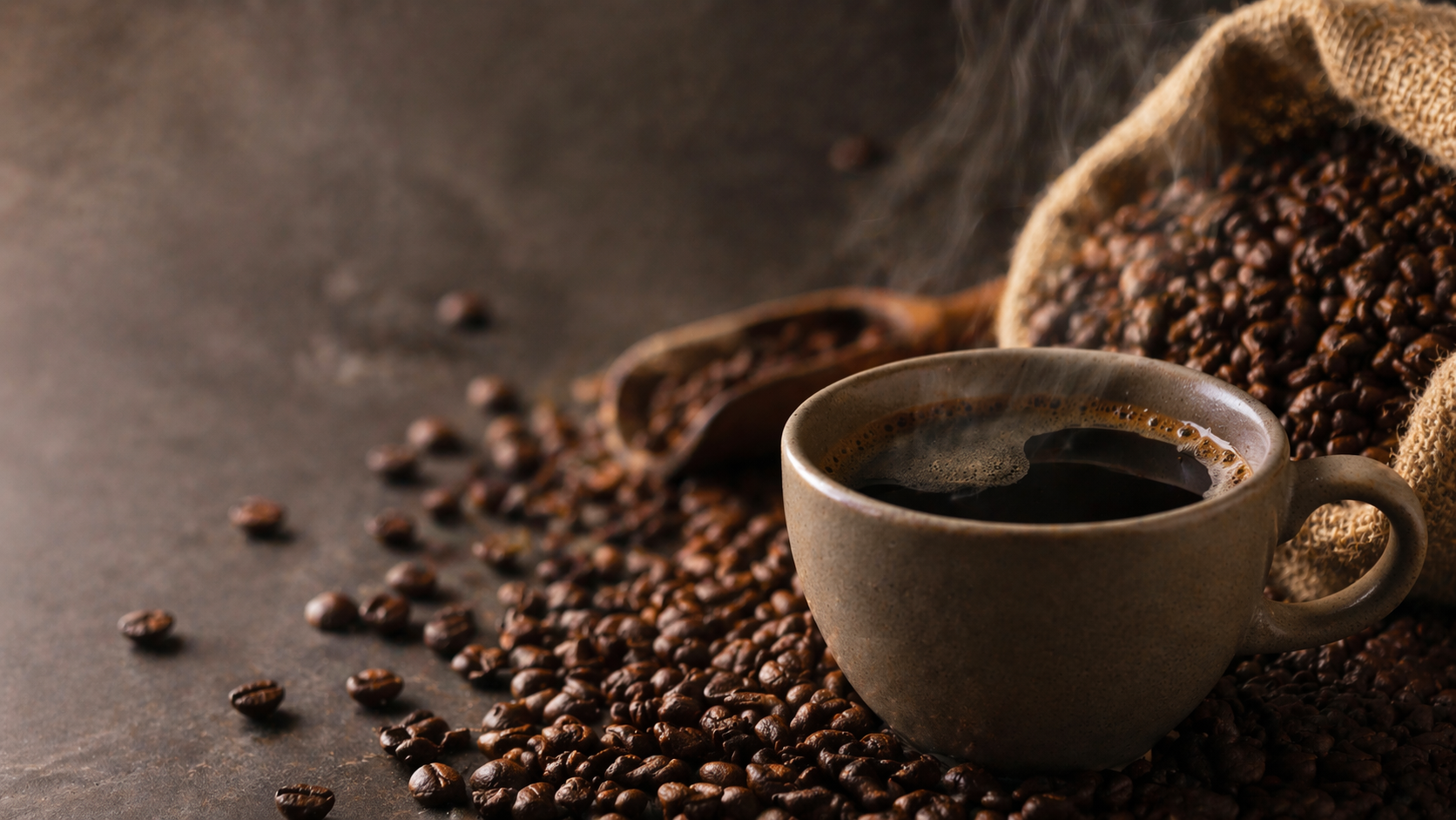 A1 Coffee image of a Cup of fresh hot coffee with coffee beans on a dark surface