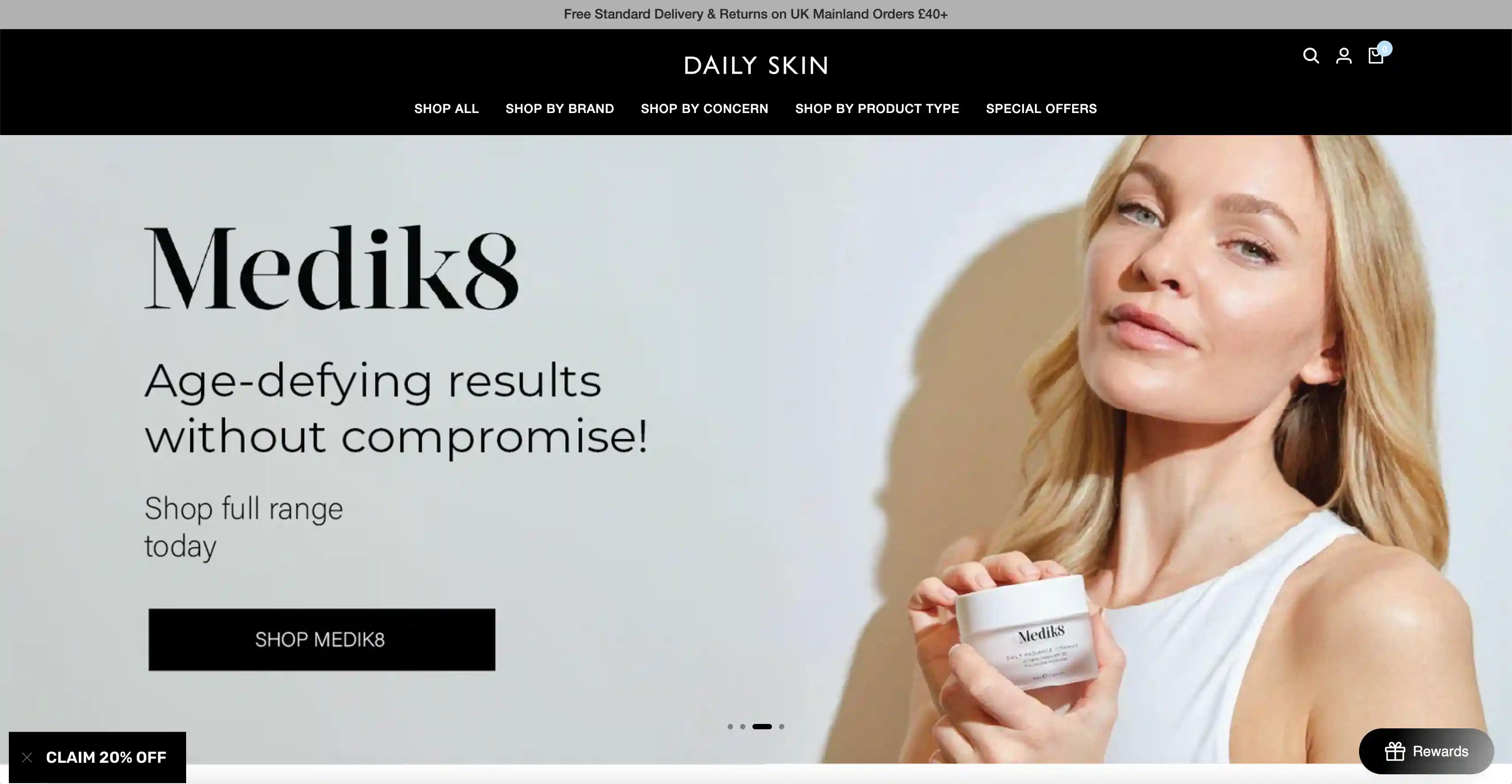 Medik8 skincare product with a model holding a jar on a website homepage
